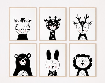 Woodland Nursery Art Prints, Set van 6 Prints, Monochroom Kwekerij Decor, Kwekerij Muur Kunst, Bos Kwekerij, Jongens Muur Kunst, Dieren Kwekerij Kunst