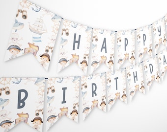 Pirate Birthday Banner, Kids Boys Pirate Theme Bunting Garland, Nautical Happy Birthday Banner Editable Letters, Printable Party Decor Z359