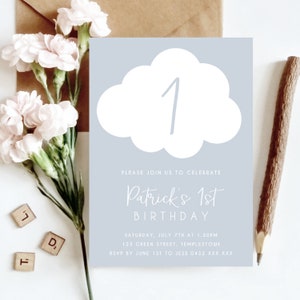 May include: A light blue invitation card with a white cloud shape containing the number "1". The text "Please join us to celebrate Patrick's 1st Birthday" is printed in white script font. The invitation details are printed in black text below the cloud.