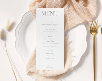 Modèle de menu modifiable, mariage minimaliste moderne ou carte de menu de douche nuptiale, téléchargement immédiat imprimable, élégant et simple Design WED19