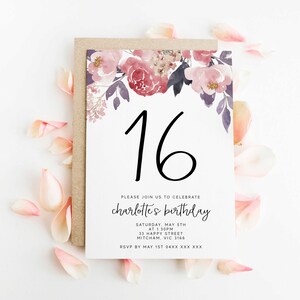Bewerkbare bloemen 16e verjaardag uitnodiging voor feest Download afdrukbare digitale sjabloon Roze bloem aquarel Peony Sweet Sixteen uitnodigen Z281