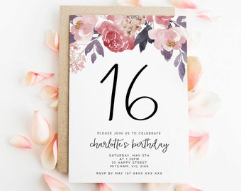 Redigerbar blommig 16-årsfestinbjudan för nedladdning, utskrivbar digital mall, rosa blomma, akvarellpion, söt sexton-inbjudan Z281