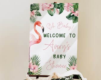 Flamingo Welcome Sign, Instant Download Editable Pink Tropical Baby Shower or Birthday Party Poster DIY Printable Womens Girls Decor Z342