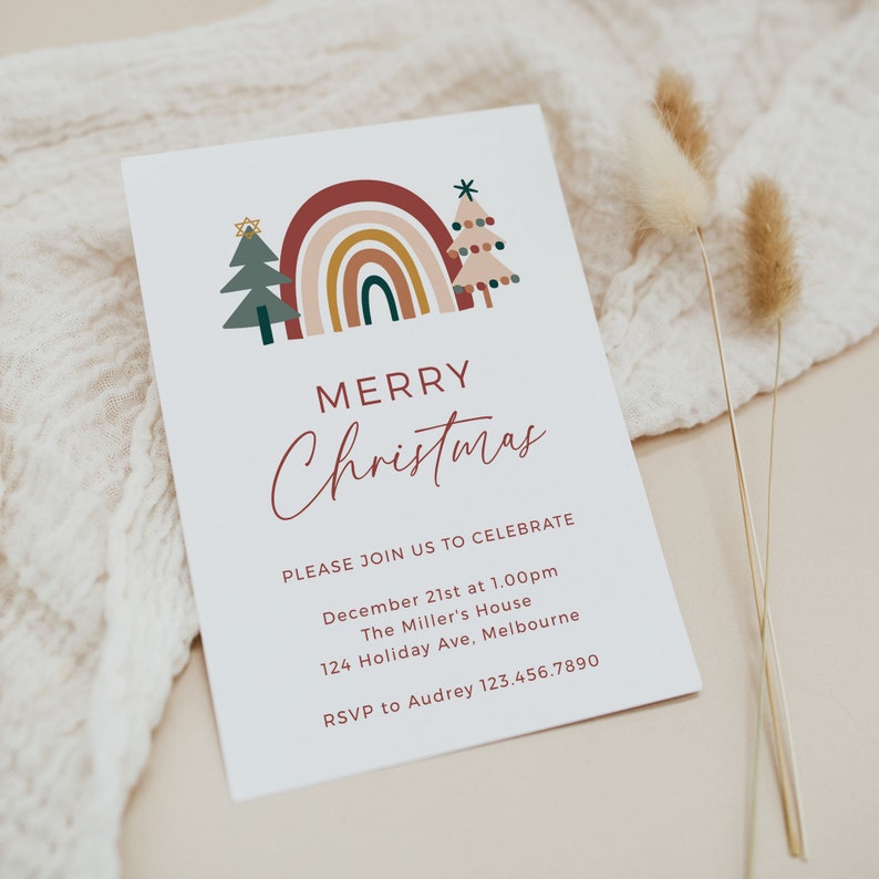 Scandi Einvite Editable Christmas Party Invitation, Christmas Tree Rainbow Instant ...