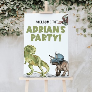 Dinosaur Birthday Welcome Sign Editable Template, Printable Instant Download Prehistoric T-Rex Triceratops Party Decoration Jurassic Z304