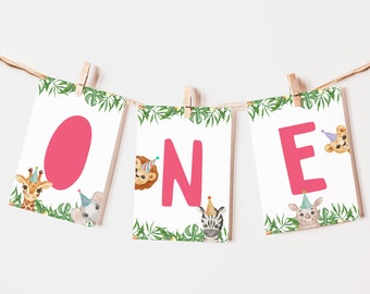High Chair Banner Template, Safari Animals Wild One Party Animal Decorations, ONE Banner Garland Printable Zoo Jungle Party Decor DIY Z293