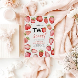 Invitación de cumpleaños de fresa, dos dulces 2das niñas bayas rosadas fruta de verano editable imprimible descarga instantánea DIY invitación digital Z357 imagen 7