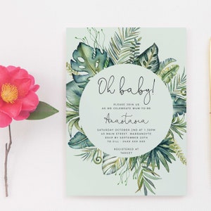 Greenery Baby Shower Invitation INSTANT DOWNLOAD Template Jungle Leaf Baby Shower Invitation Baby Sprinkle Invitation Oh Baby Invite B5 image 2