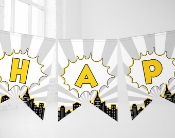 Banner de feliz cumpleaños de superhéroe, decoración de cómics para niños, plantilla editable DIY Descarga digital, fiesta de superhéroes Garland Bunting Z303