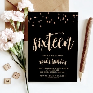 Sweet Sixteen Einladung, modernes Schwarz Gold Glitter Konfetti Bearbeitbare Vorlage Sparkly Unisex 16