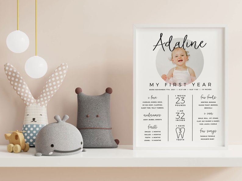 May include: A white printable poster with a photo of a baby girl and text that reads "Adaline My First Year Born November 11th, 2021 | 8:37 AM | 19 Inches I Weigh 23 Pounds I Am 32 Inches I Have 3 Teeth I Love Cuddles, Kisses, Dogs, My Big Sister, Clapping, Bath Time, Belly Rubs, Sleep Time, Tolly Tubbies Nicknames Addy, Bubba, Sweet Firsts Smiled - 4 Months Rolled - 6 Months Tooth - 9 Months Crawled - 10 Months Fav Foods  Westie, Banana,  Sweet Potato,  Avocado Toast, Broccoli I Can Smile, Roll, Sit, Stand, Clap, Say Mummy & Daddy, Kiss, Laugh, Cuddle Fav Songs Twinkle Twinkle Rockabye Baby"