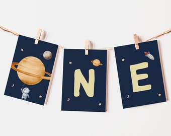 Outer Space Kinderstoel Banner Planeten Astronaut Raket 1e Verjaardag Jongen Kinderstoel EEN Banner Party Decor Galaxy Afdrukbaar Digitaal Teken Z292