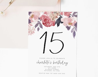 Editable Floral 15th Birthday Party Invitation Download Printable Digital Template Pink Flower Watercolor Peony Girls Fifteenth Invite Z281