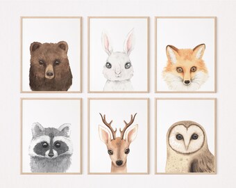 Woodland Nursery Art Prints, Set van 6, Woodland Nursery Decor, Kwekerij Prints, Kinderkamer Kunst aan de muur, Boskwekerij, Jongenskunst, Babykwekerijkunst