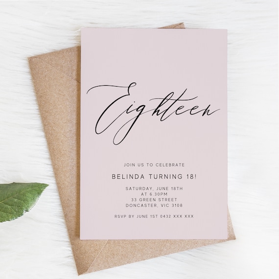 Editable Pink 18th Birthday Party Invitation Download Printable Digital Template Elegant Modern Simple Blush Girl Eighteenth Invite Z195