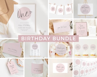 Editable 1st Birthday Invitation Bundle Blush Pink First Birthday Kit Modern 1st Birthday Party Package Printable Templates DIY Party P170