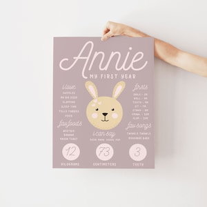 Signo de hito del 1er cumpleaños, plantilla editable de Pink Bunny Girls, estadísticas del primer año del bebé, póster de animales lindos, signo de descarga instantánea de bricolaje Z92