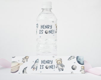 Water Bottle Labels, DIY Astronaut Space Drink Wrappers Teddy Bear Galaxy Printable Instant Download for Kids Birthday Party Favors Z355