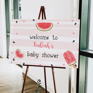 Baby Shower Welcome Poster, One in a Melon 1st Birthday Welcome Sign, Editable Template, Instant Download, Red Watercolor Watermelon Z326