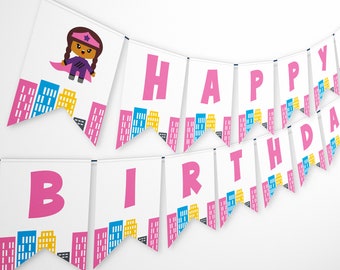 Editable Birthday Banner, Girl Superhero Theme Printable Pink Party Backdrop Instant Download Customizable Birthday Decor Garland Z297