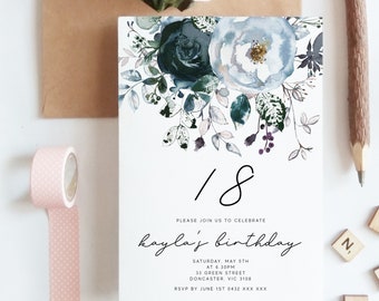 Editable Floral 18th Birthday Party Invitation Download Printable Digital Template Navy Blue Watercolor Flower Girls Eighteenth Invite Z154