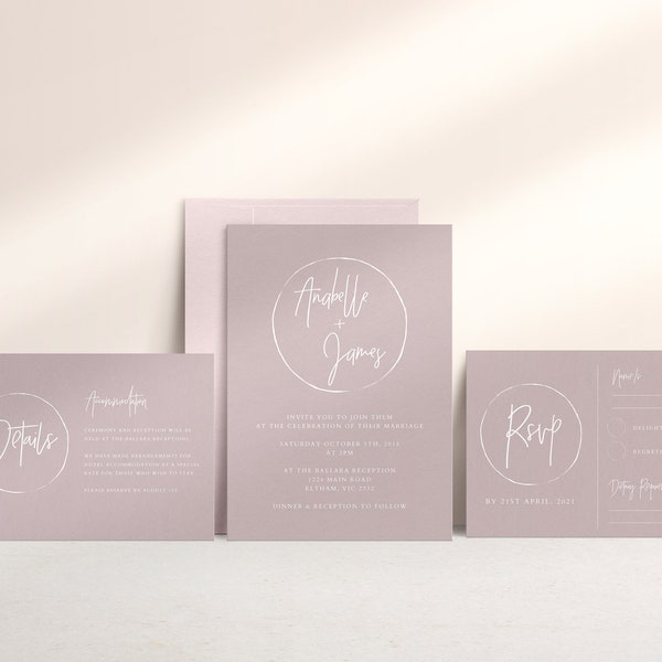 Wedding Invitation Set Instant Download Mauve Pink Customizable Wedding Invite Template Editable Printable Blush Pink Wedding Suite WED26