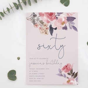 Editable Floral 60th Birthday Party Invitation Download Printable Digital Template Wildflower Garden Watercolor Flowers Adult Invite Z14