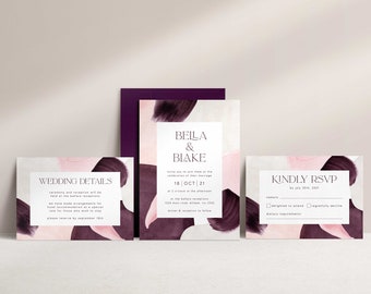 Burgundy Wedding Invitation Template Watercolor Wedding Invitation Set RSVP Details Card Abstract Maroon Wedding Invite Printable WED58