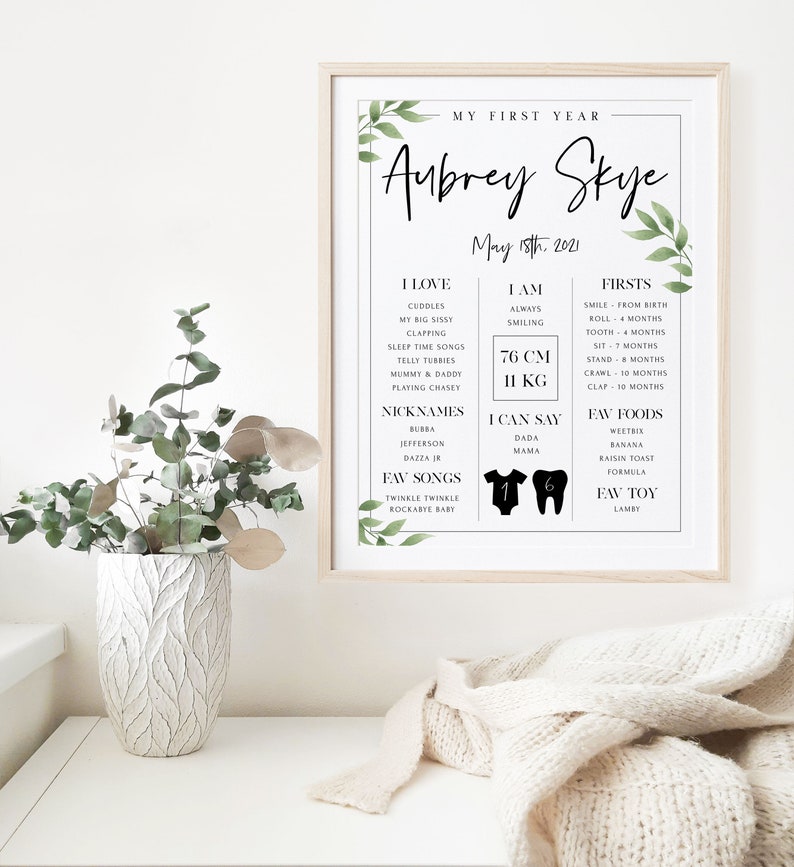 May include: A printable baby milestone poster with a green leafy border. The poster features the name Aubrey Skye and the date May 15th, 2021. The poster lists the baby's firsts, favorites, and milestones.