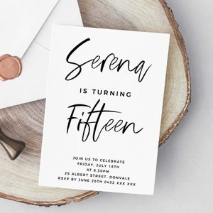 Teen Birthday Invitation Template, Editable Printable Instant Download Modern Minimalist Black White Script Gender-Neutral Party Invite Z26