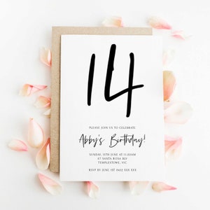 Faire-part d'anniversaire simple, écriture moderne minimaliste pour adolescents, invitation fille ou garçon modifiable, téléchargement immédiat, bricolage numérique Z135