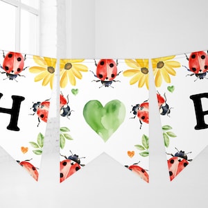 May include: A white banner with the letters "H" and "P" in black. The banner is decorated with a repeating pattern of ladybirds, yellow flowers, green leaves, and hearts.