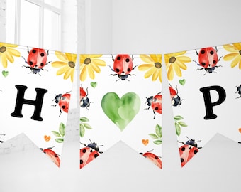 Banner de feliz cumpleaños con mariquita, plantilla editable, descarga instantánea, para imprimir, banderines, guirnaldas, decoración para fiestas, letrero Z359
