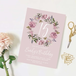 Faire-part d'anniversaire adolescente, invitation à une soirée entre préadolescents moderne et floral rose pâle aquarelle modifiable 14e 15e 16e 18e anniversaire Z134 imprimable