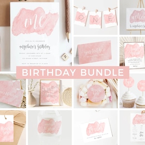 Birthday Invitation Bundle Blush Pink First Birthday Kit Modern 1st Birthday Party Package Printable Templates DIY Watercolor Pink Party Z58