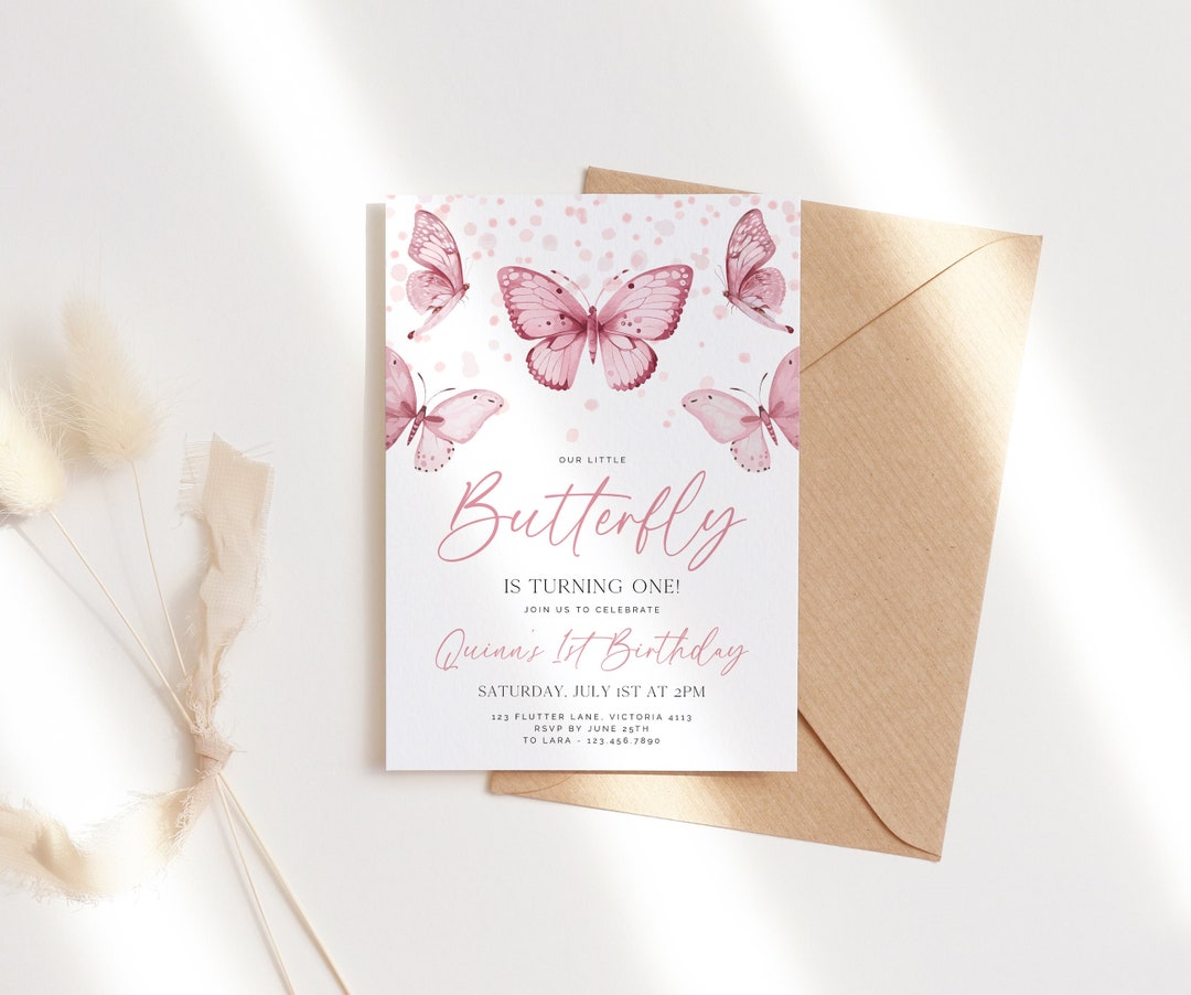 Butterfly Birthday Invitation Template, 1st Birthday Invite Girl