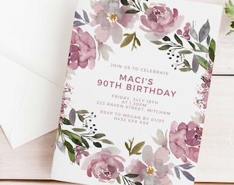 Editable Floral 90th Birthday Party Invitation Download Printable Digital Template Watercolor Flower Wreath Girl Women Ninetieth Invite Z54