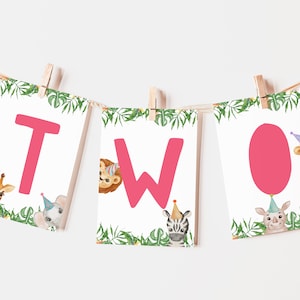 High Chair Banner Template, Safari Animals Two Wild Party Animal Decorations, TWO Banner Garland Printable Zoo Jungle Party 2nd Decor Z293