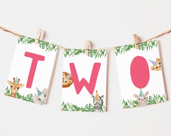 High Chair Banner Template, Safari Animals Two Wild Party Animal Decorations, TWO Banner Garland Printable Zoo Jungle Party 2nd Decor Z293