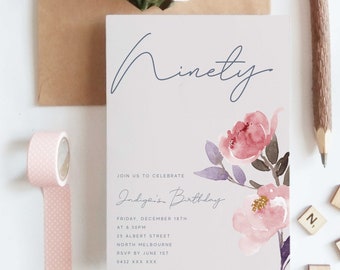 Editable Floral 90th Birthday Party Invitation Download Printable Digital Template Blush Pink Women Girl Watercolor Ninetieth Invite Z156