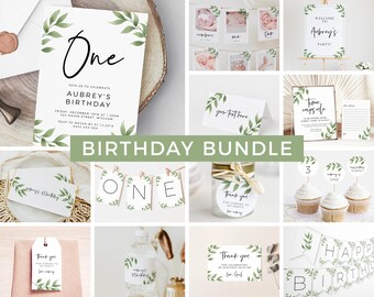 Greenery 1st Birthday Bundle Botanical Birthday Bundle Invitation Bundle Instant Download Birthday Boy or Girl Welcome Milestone Party Z13
