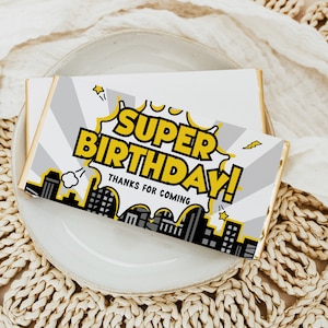 Superhero Birthday Chocolate Bar Wrapper, Boys Comic Book Candy Label DIY Editable Template Instant Digital Download Super Party Favor Z303