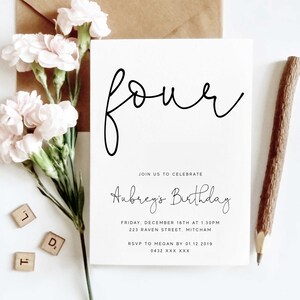 May include: A white invitation card with black calligraphy that says "four" and "Aubrey's Birthday". The invitation details a birthday party on Friday, December 18th at 1:30 PM at 223 Raven Street, Mitcham. RSVP information is included.