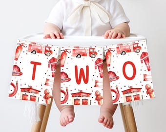 Banner de trona de camión de bomberos, plantilla editable, descarga instantánea, para imprimir, bricolaje, para niños, bomberos, dos, segundo cumpleaños, guirnalda, banderines Z358