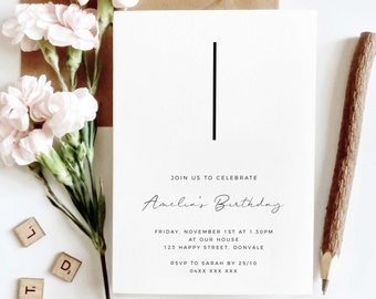 Editable Simple 1st Birthday Party Invitation Download Printable Digital Template Modern Minimalist Black & White First Baby Invite Z283