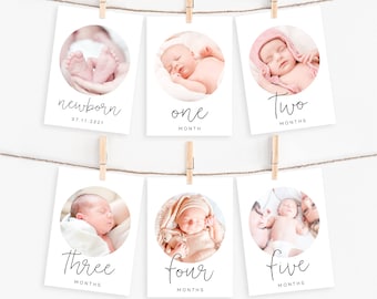 Op de afbeelding: Zes witte fotokaarten met een cirkel in het midden van elke kaart. Elke cirkel bevat een foto van een baby op verschillende leeftijden. De kaarten zijn gelabeld met de leeftijd van de baby in maanden, te beginnen met pasgeborene, één maand, twee maanden, drie maanden, vier maanden en vijf maanden.