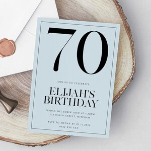 Editable Simple 70th Birthday Party Invitation Download Printable Digital Template Blue Minimal Modern Men Boys Seventieth Bday Invite Z280