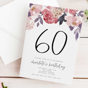 Editable Floral 60th Birthday Party Invitation Download Printable Digital Template Pink Flower Watercolor Peony Womens Sixtieth Invite Z281
