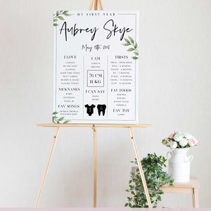May include: A white poster with green leafy accents, titled "My First Year" and featuring the name "Aubrey Skye" with the date "May 18th, 2018". The poster lists milestones, favorite foods, songs, and toys for a baby's first year.