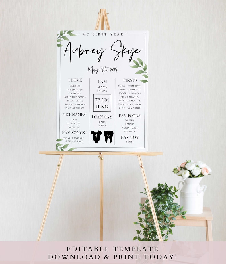 May include: A white poster with green leafy accents, titled "My First Year" and featuring the name "Aubrey Skye" with the date "May 18th, 2018". The poster lists milestones, favorite foods, songs, and toys for a baby's first year.